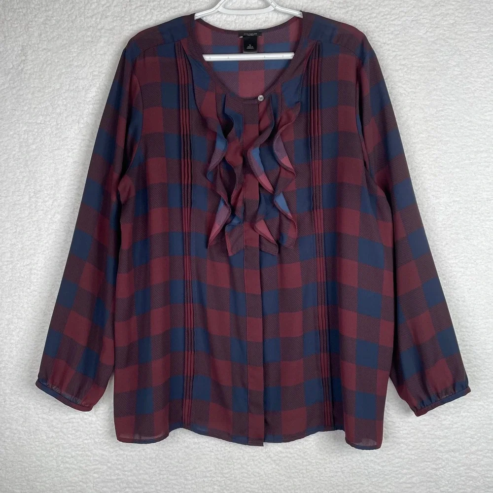 Ann Taylor Factory Burgundy Navy Buffalo Plaid Ruffle Pintuck Blouse XL Womens